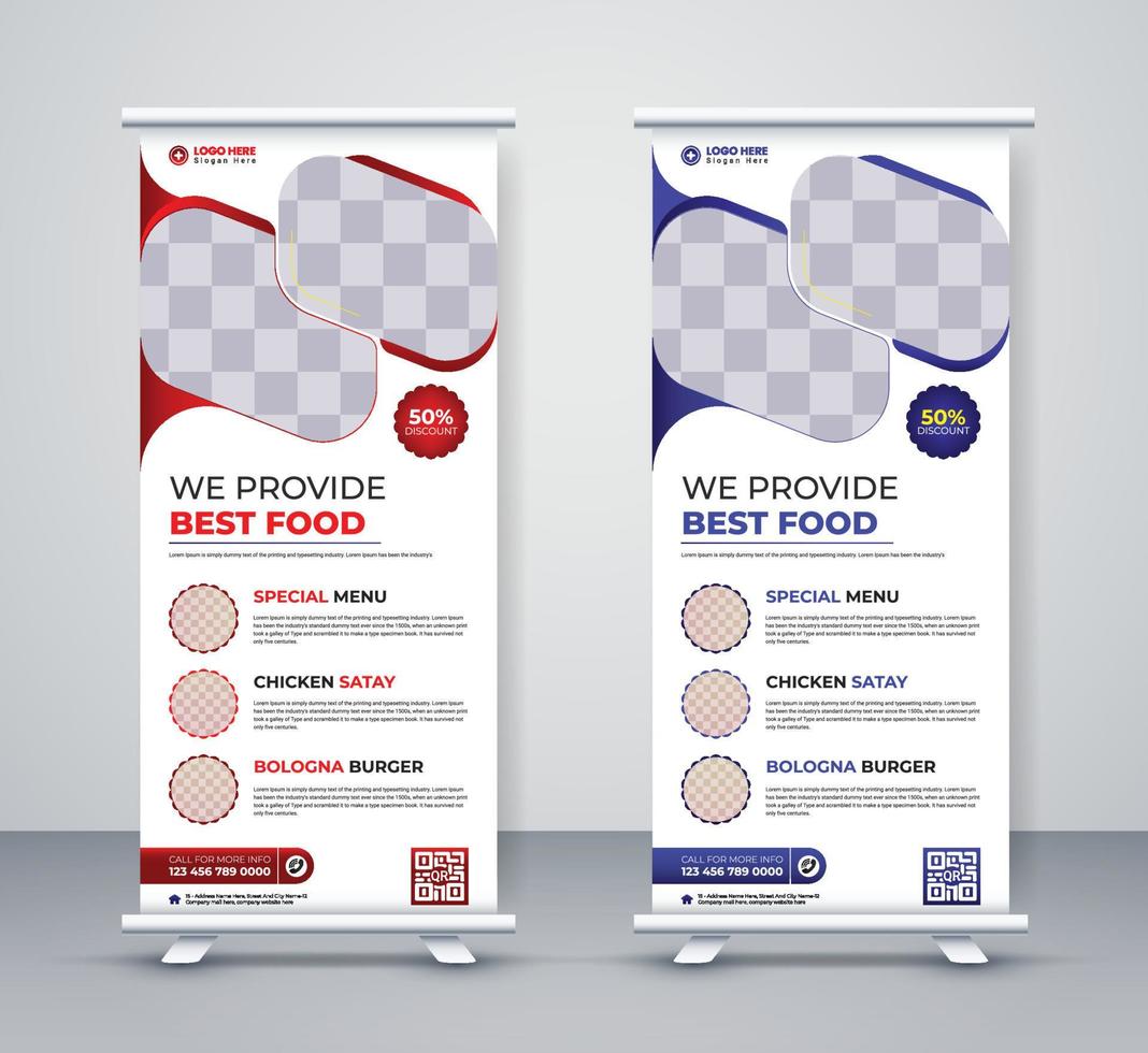 menu de modelo de design de banner de rolo de comida e restaurante cartão de rack de empresa de negócios corporativos, banner de suporte e design de banner x vetor