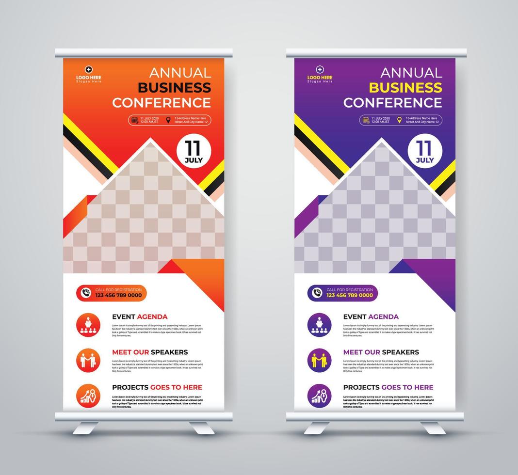 banner roll-up de conferência empresa de negócios corporativos seminário anual cartão de rack, estande e x banner dl flyer design vetor