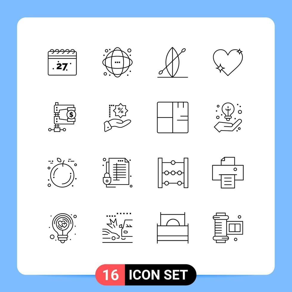 pacote de interface de usuário de 16 contornos básicos de elementos de design de vetores editáveis de amor favorito de praia de relatório de finanças