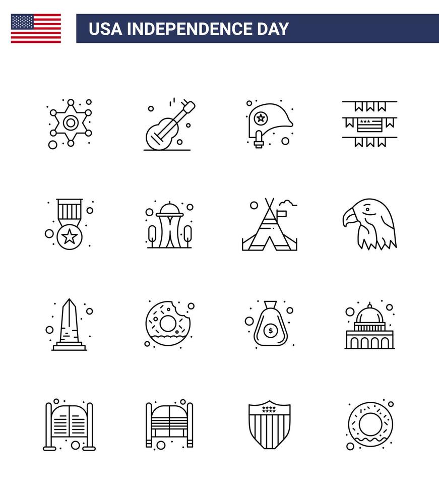 grupo de 16 linhas definidas para o dia da independência dos estados unidos da américa, como cabeça de prêmio de medalha bandeiras americanas editáveis elementos de design vetorial do dia dos eua vetor