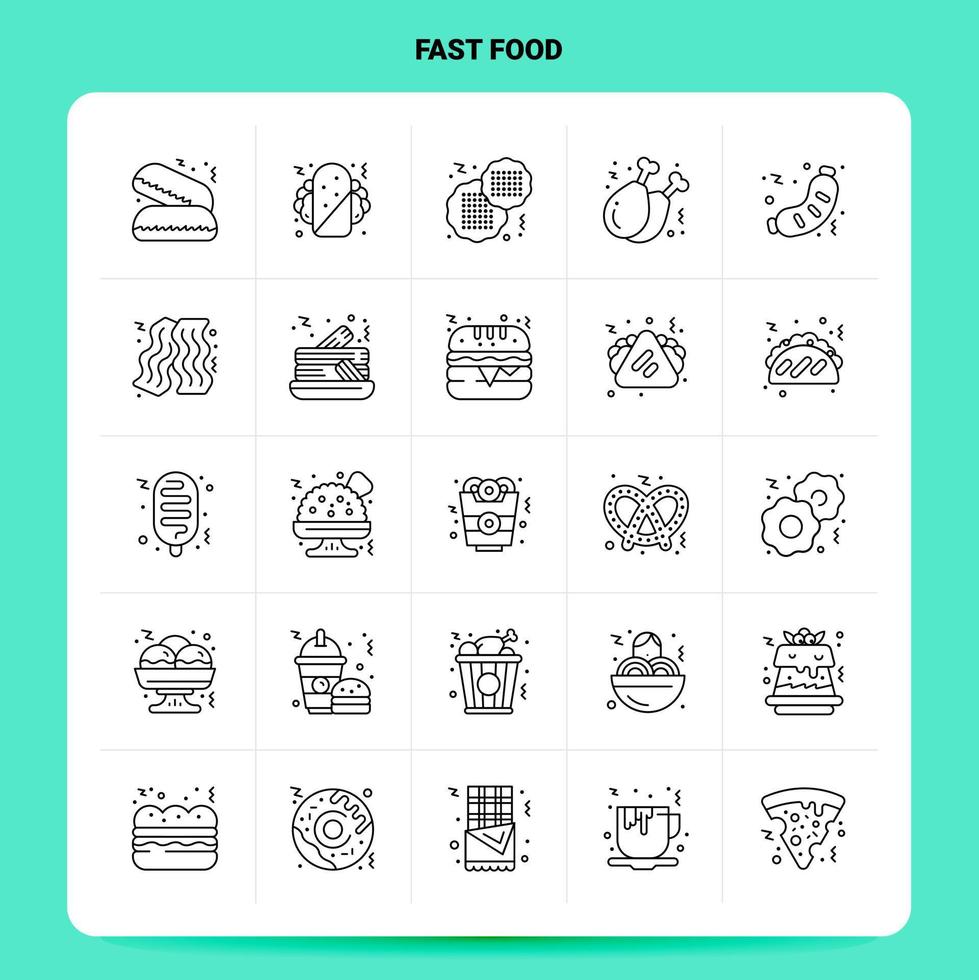 delinear 25 conjunto de ícones de fast food vetor design de estilo de linha ícones pretos conjunto de pictograma linear pacote de ideias de negócios móveis e web design ilustração vetorial