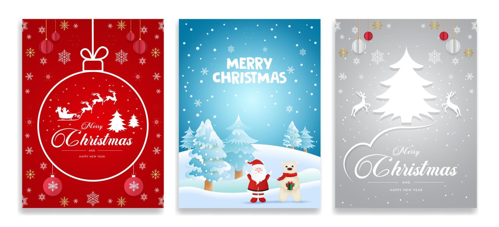 conjunto de três cartas feliz natal e feliz ano novo. árvore de natal, prata, azul, fundo vermelho vetor