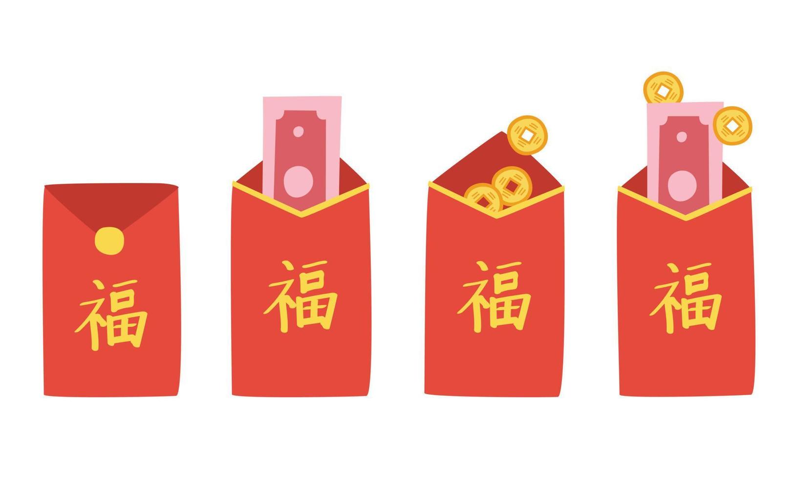 conjunto vetorial de clipart de envelope vermelho do ano novo chinês. envelope vermelho simples com dinheiro de sorte de papel e desenho de desenhos animados de ilustração plana de moedas. texto chinês que significa boa sorte. conceito de ano novo lunar vetor