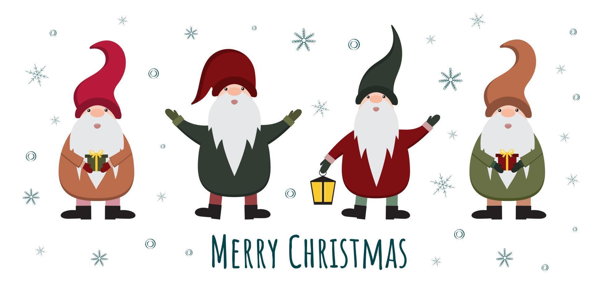 gnomos engraçados bonitos dos desenhos animados em chapéus isolados no fundo branco. feliz natal e feliz ano novo cartão com gnomos. natal nórdico e escandinavo. ilustração de férias de inverno. vetor