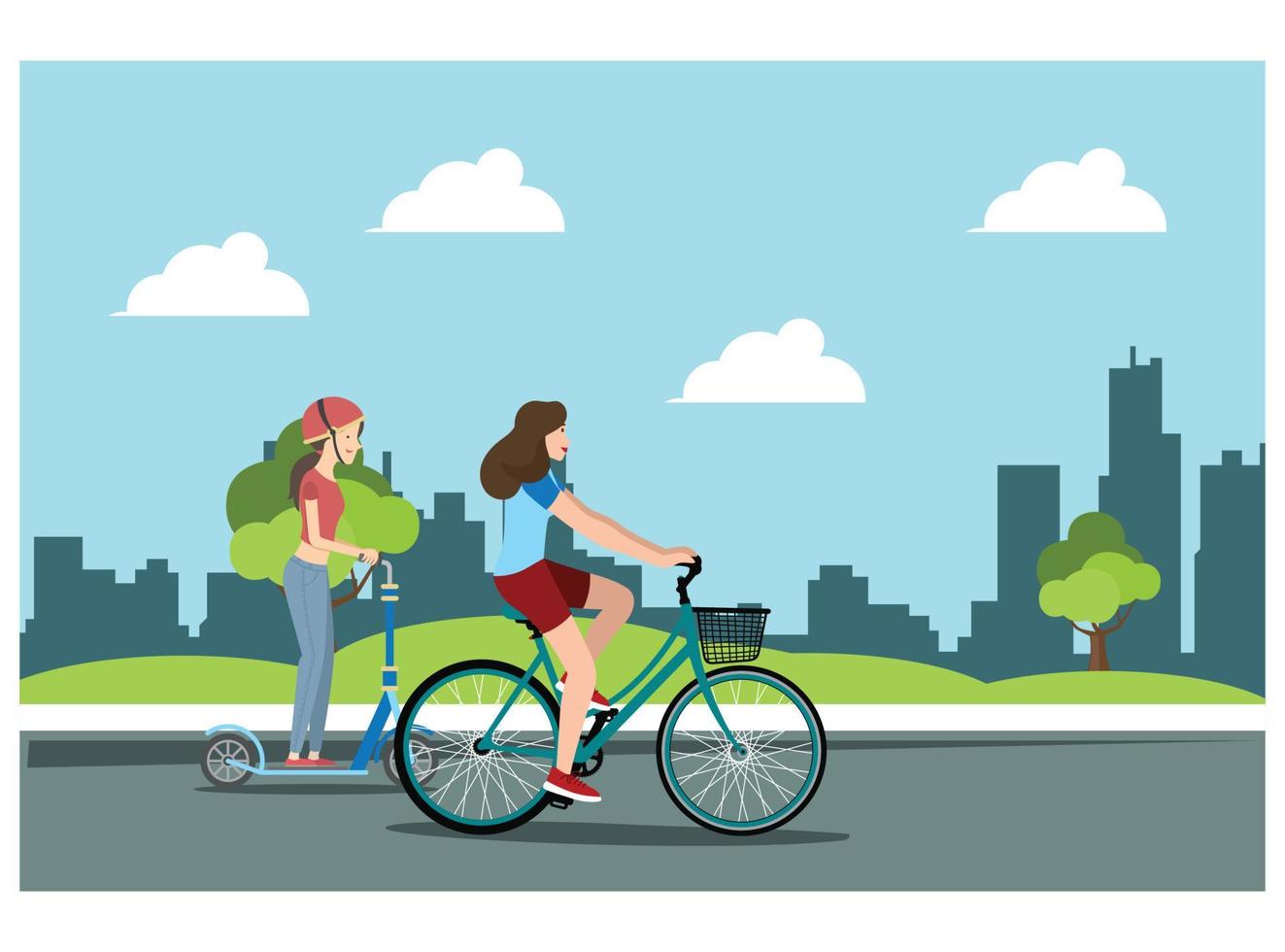 jovem andando de bicicleta esportiva em uma estrada do parque, vetor de ilustração de bicicleta humana