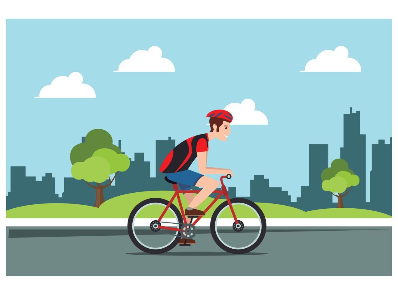 jovem andando de bicicleta esportiva em uma estrada do parque, vetor de ilustração de bicicleta humana