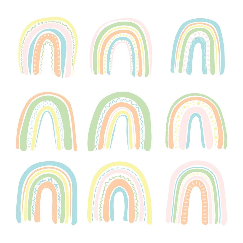 conjunto de arco-íris boho. arco-íris de verão na moda coloridos abstratos. ilustrações vetoriais. design de padrão colorido de verão. vetor