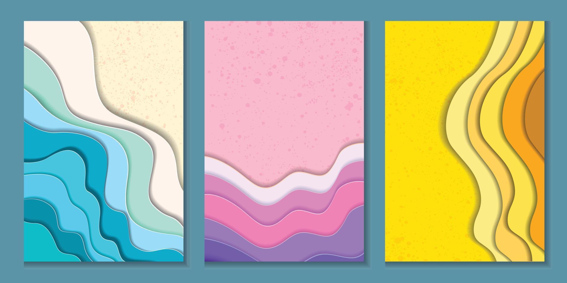 fundo de verão colorido e praia abstrato com ondas de papel e litoral para design de banner, convite, pôster ou site. estilo de corte de papel, imitação de efeito 3d, espaço para texto, ilustração vetorial vetor