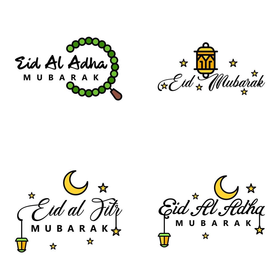 pacote moderno de 4 eidkum mubarak tradicional árabe moderno quadrado kufic tipografia saudação texto decorado com estrelas e lua vetor