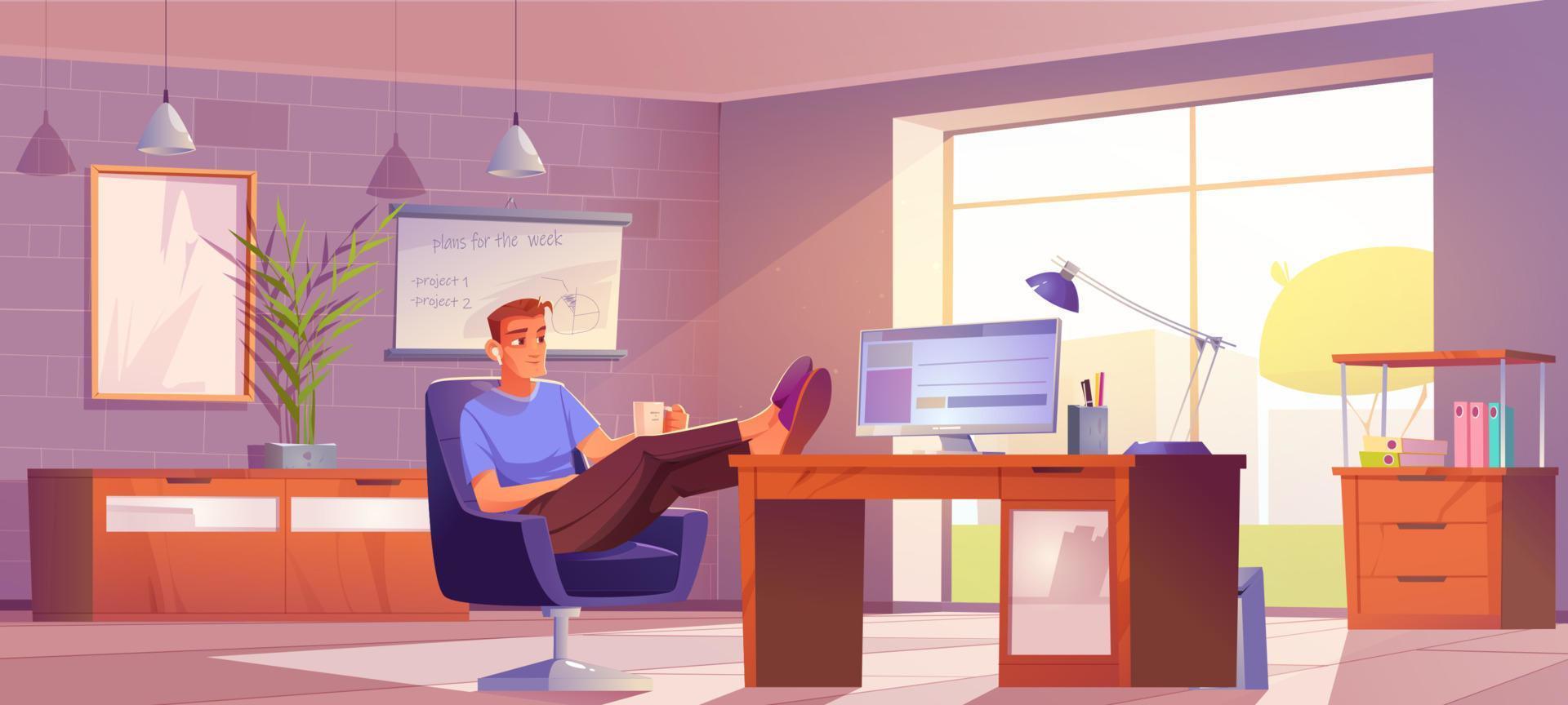 freelancer em home office homem relaxado no local de trabalho vetor