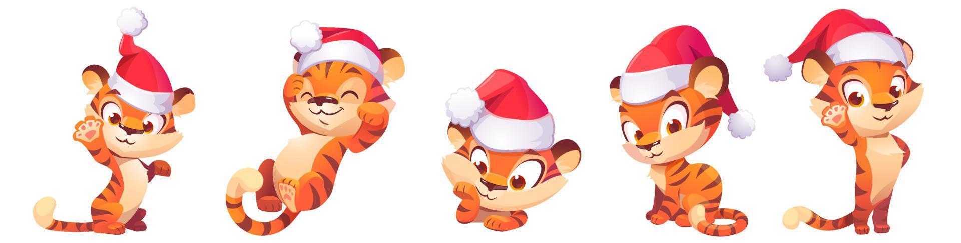 personagem de tigre bebê fofo com chapéu de natal vetor