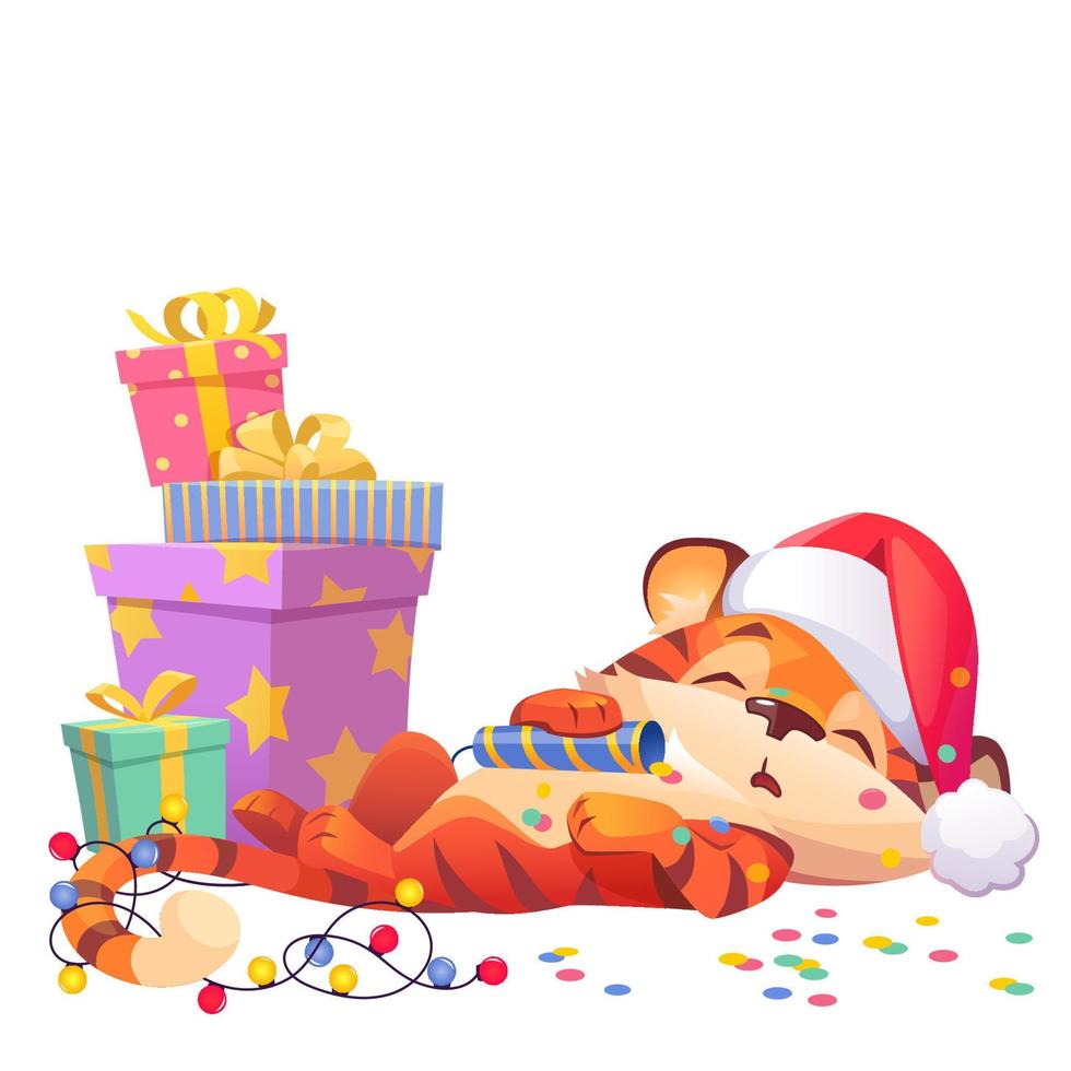 personagem de desenho animado de tigre bonito ano novo com chapéu de Papai Noel vetor