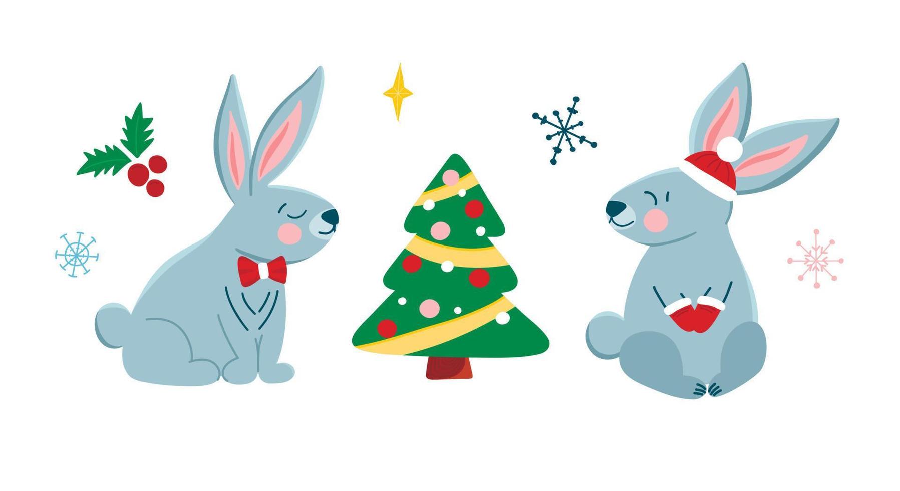vetor definido com lindos coelhinhos de natal em estilo cartoon, símbolo do ano, árvore de natal. ilustração infantil com animais fofos para cartões postais, cartazes, design, tecidos.