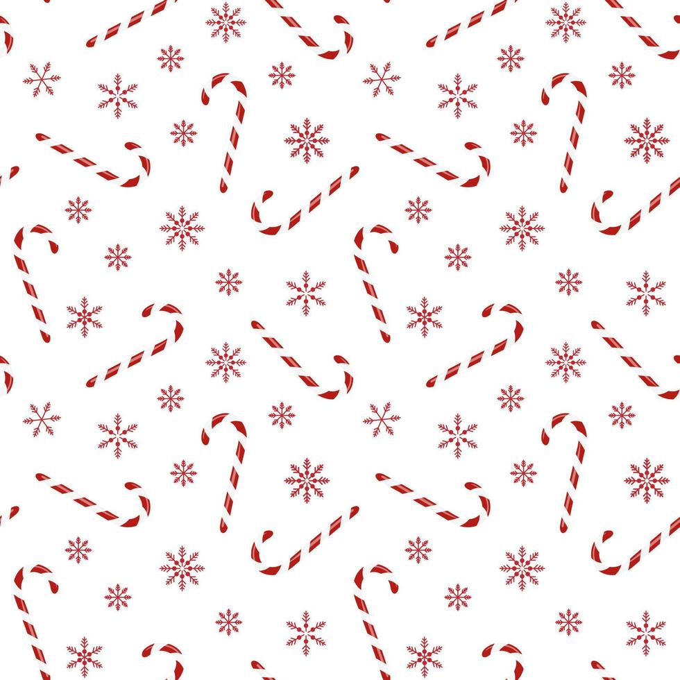 padrão perfeito com bastões de doces de natal e flocos de neve em fundo branco isolado. design de férias para papel de embrulho, decoração, cartão de felicitações e celebração do inverno, natal ou ano novo. vetor
