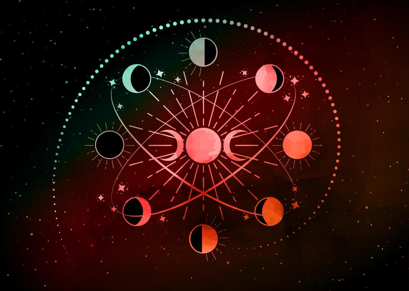 fases da lua em círculos orbitais, deusa tripla, lua crescente, mandala espiritual, geometria sagrada. símbolo da roda wicca, tatuagem colorida do logotipo redondo do vetor isolada no fundo preto