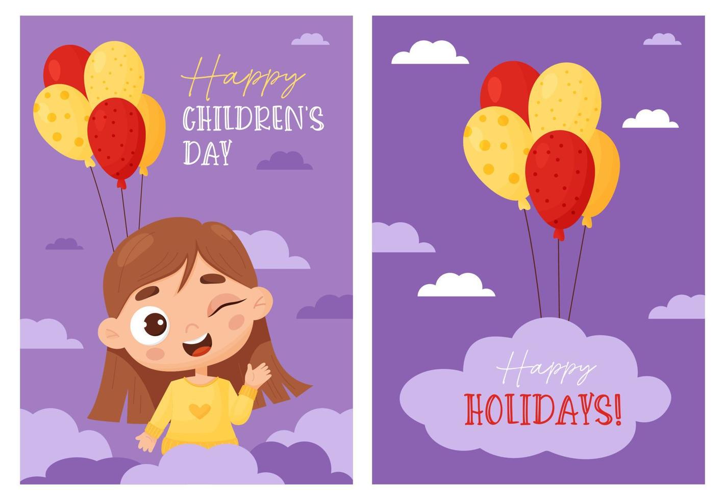 definir cartões de férias feliz dia das crianças. linda garota piscando com balões em fundo roxo. ilustração vetorial no estilo cartoon. modelo vertical para cartões, design, cartazes, impressão. vetor