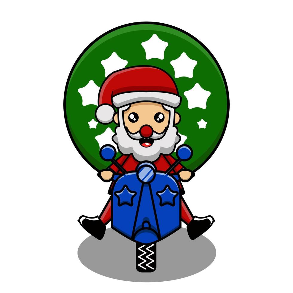 ilustração em vetor mascote fofa do papai noel de natal andando de moto e trazendo presentes