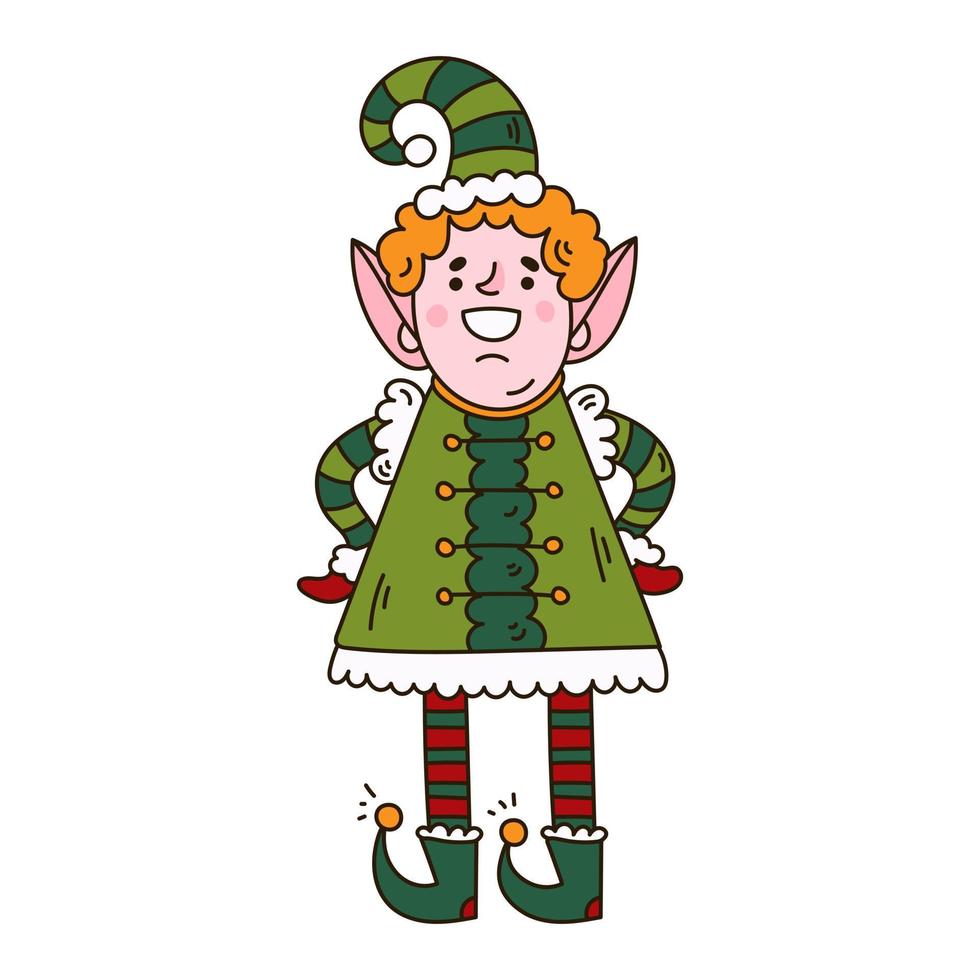 personagem de vetor de elfo de natal de menino. doodle estilo pequeno ajudante de papai noel