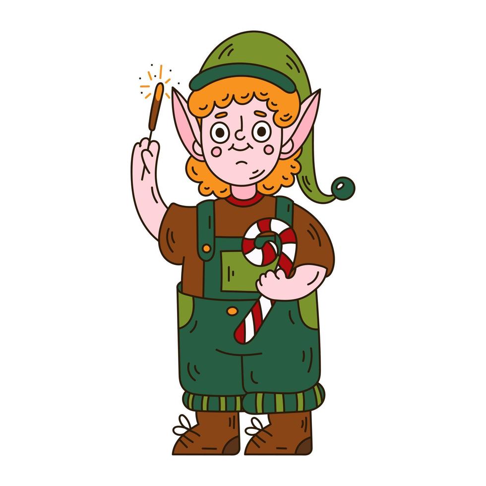 pequeno ajudante de papai noel. menino elfo com diamante e pirulito. personagem de natal bonito doodle vetor