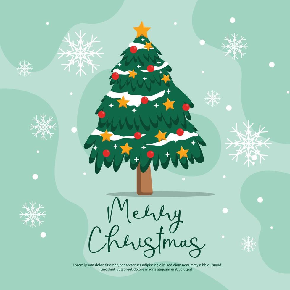 design de cartão de saudação de feliz natal de flocos de neve de pinheiro vetor