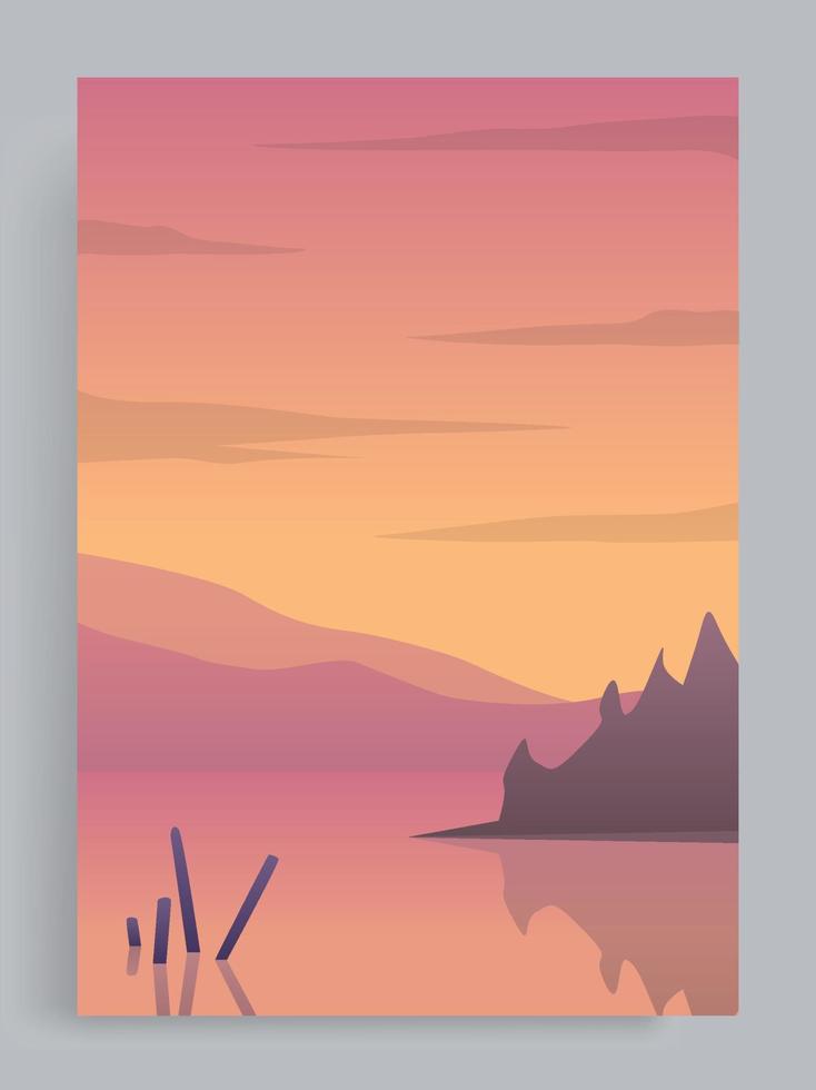 ilustração em vetor cobertura vertical. vista do pôr do sol no lago com montanhas e pequena ilha ao fundo. para flyer, revista, capa de livro, banner, convite, cartaz.
