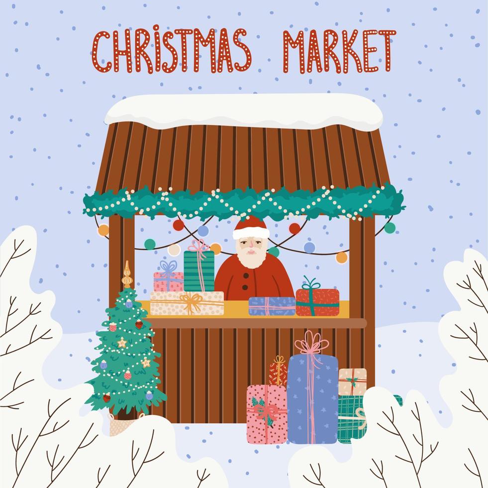 mercado de natal. feira festiva de férias de inverno. vitrine com presentes. quiosque de casa de madeira decorado com guirlanda, bolas. desenho animado, ilustração vetorial, cartão, base vetor