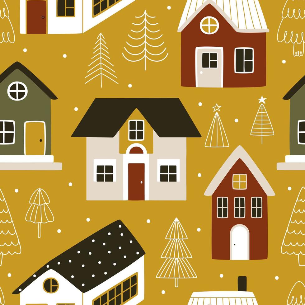 lindas casas de inverno em fundo dourado com árvores de natal. padrão perfeito para embrulhar presentes para o ano novo e tecido vetor