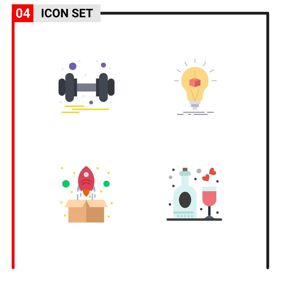 pacote de ícones planos de 4 símbolos universais de cubo de saúde de foguete com halteres elementos de design de vetores editáveis