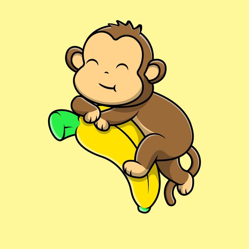 macaco bonito com ilustração de ícones de vetor de desenhos animados de frutas de banana. conceito de desenho animado plano. adequado para qualquer projeto criativo.