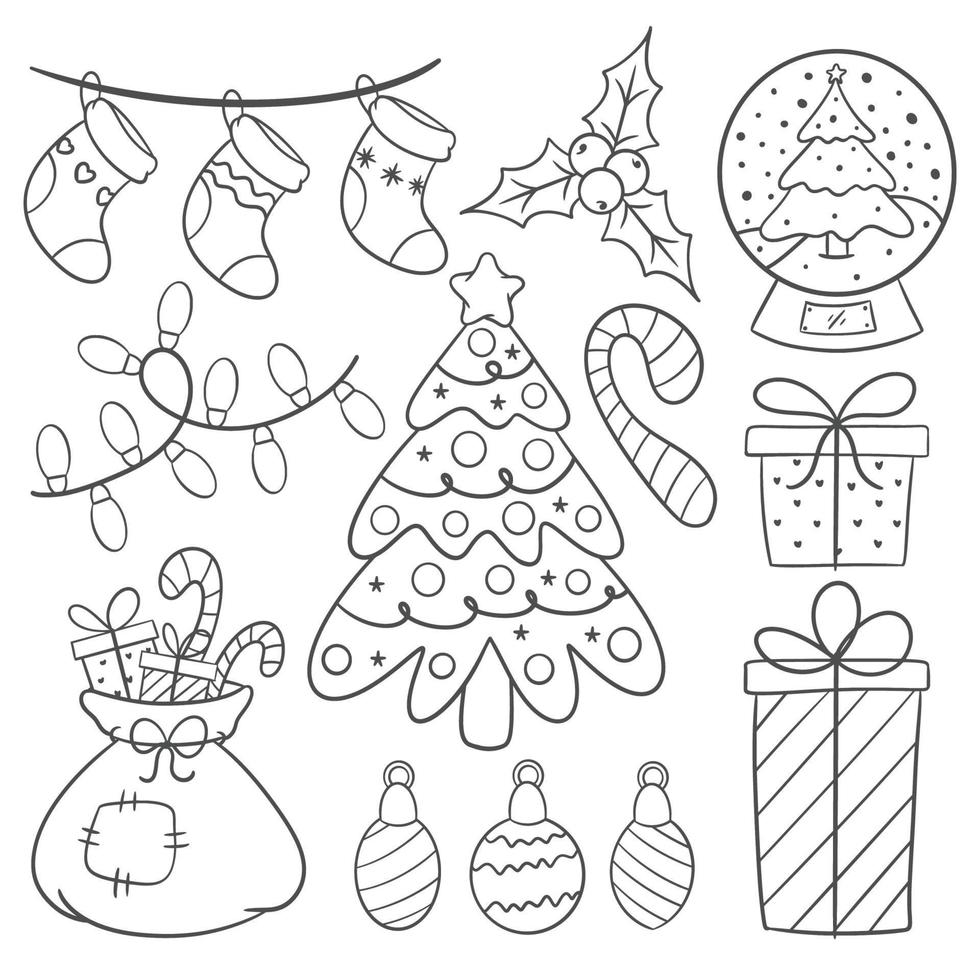 ícones de natal definidos no estilo cartoon, coloração desenhada à mão vetor