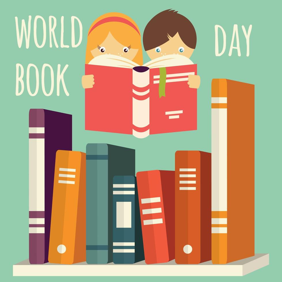 dia mundial do livro, menina e menino lendo vetor