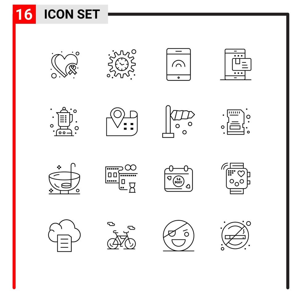 grupo de 16 contornos modernos definidos para elementos de design de vetores editáveis de taxa de liquidificador de toque de comida de mapa