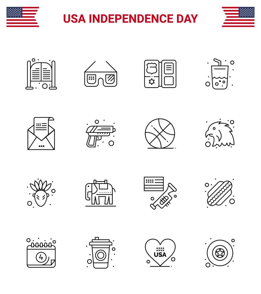 16 ícones criativos dos eua sinais modernos de independência e símbolos de 4 de julho de e-mail verão eua bebida estrela editável eua dia vetor elementos de design