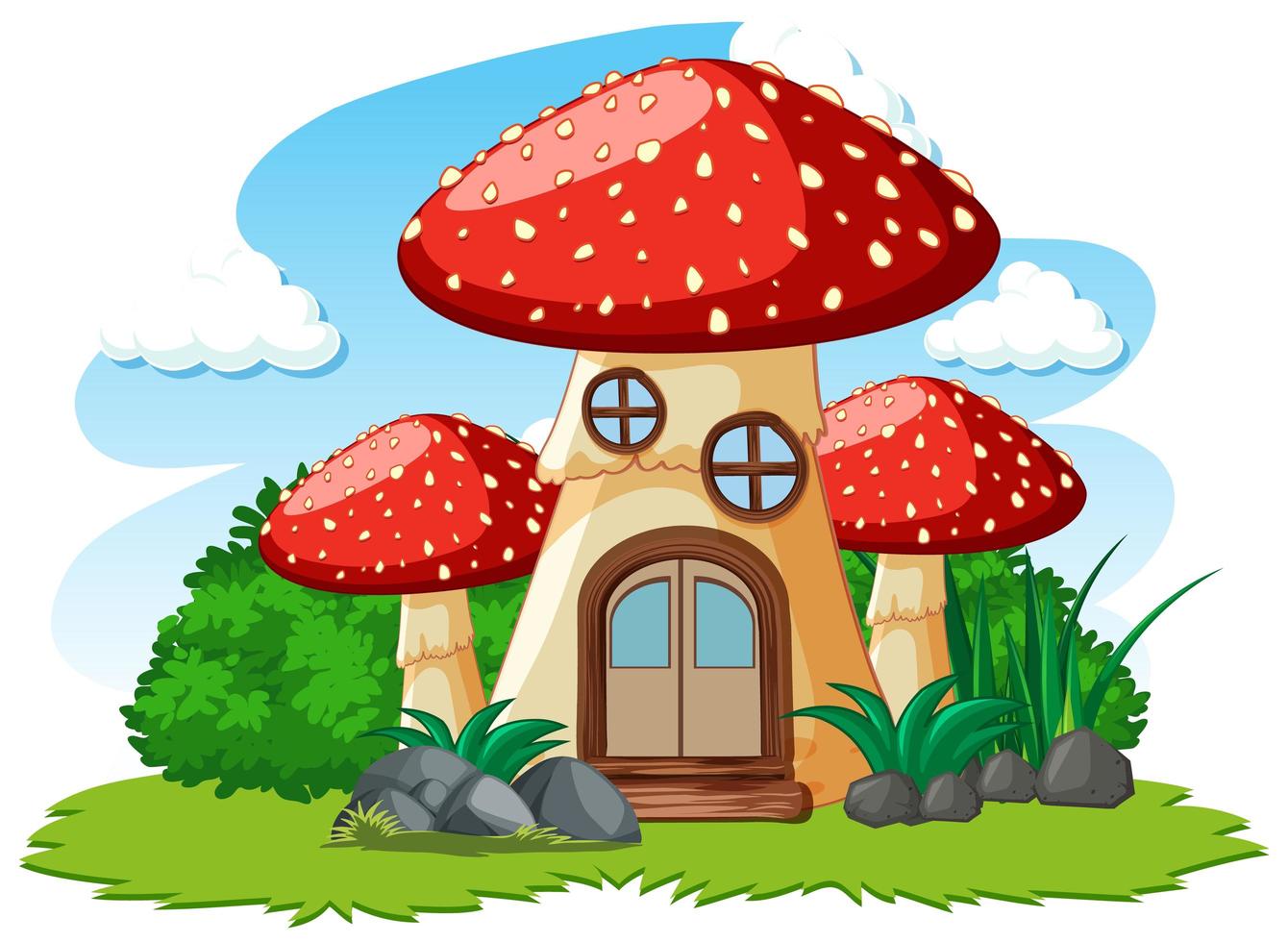 casa de cogumelo e um pouco de estilo de desenho animado de grama no fundo branco vetor