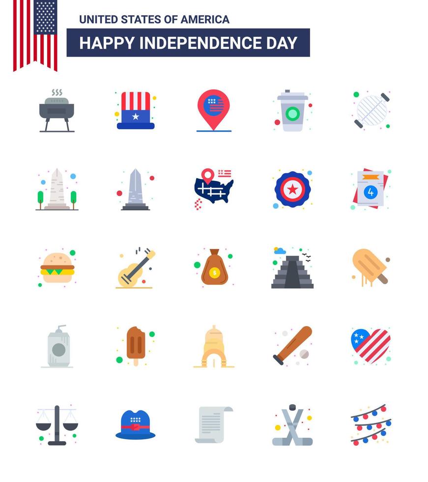 feliz dia da independência 4 de julho conjunto de 25 apartamentos pictograma americano de comida para churrasco garrafa de bebida americana editável dia dos eua elementos de design vetorial vetor