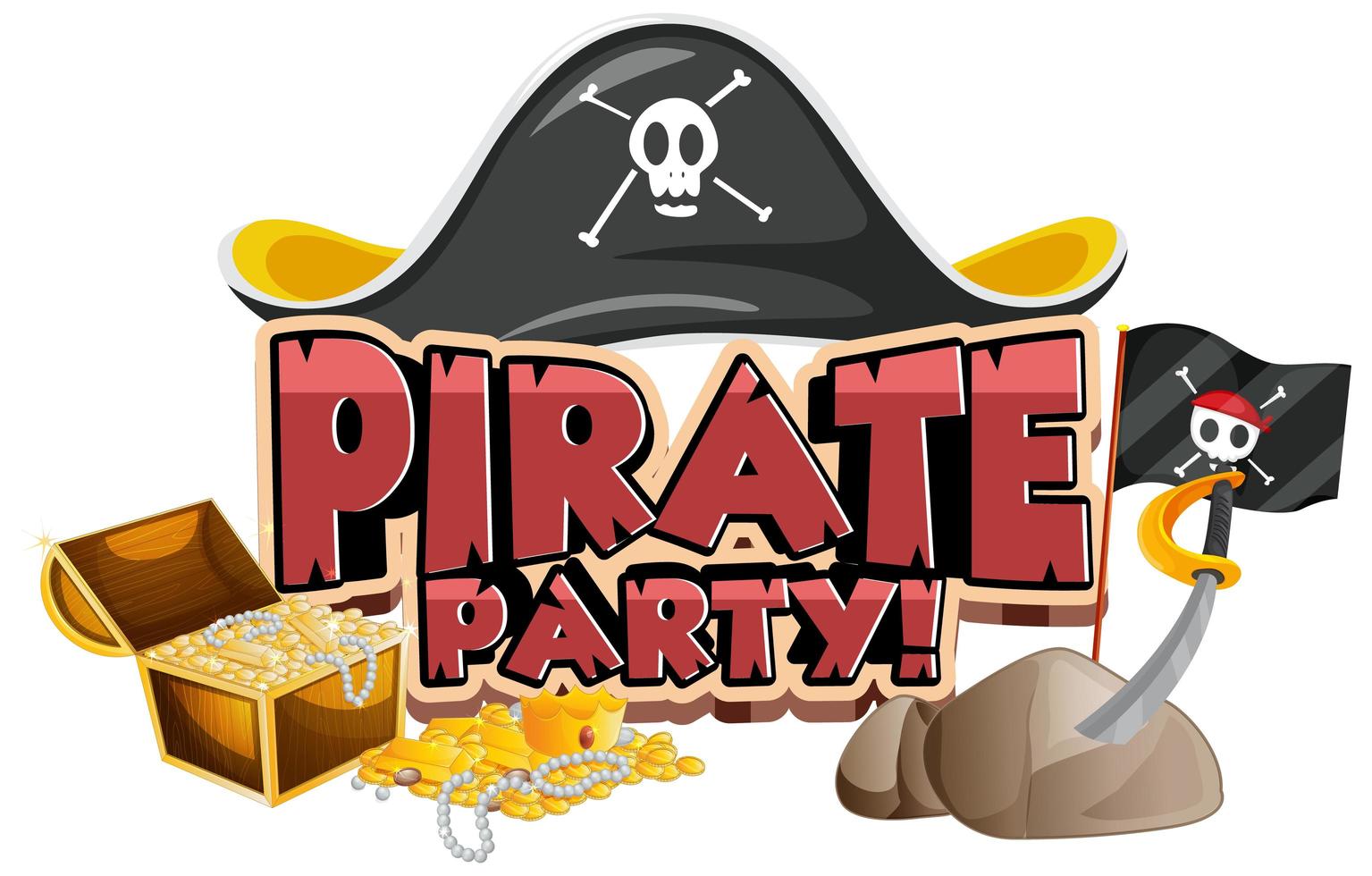 design de fonte para a palavra festa do pirata com chapéu e ouro vetor