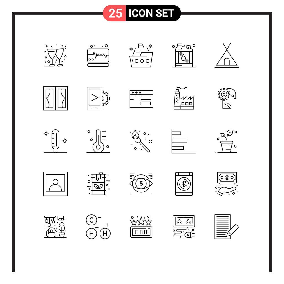 conjunto de 25 sinais de símbolos de ícones de interface do usuário modernos para feriados de barraca, líquido do mar, elementos de design de vetores editáveis inflamáveis