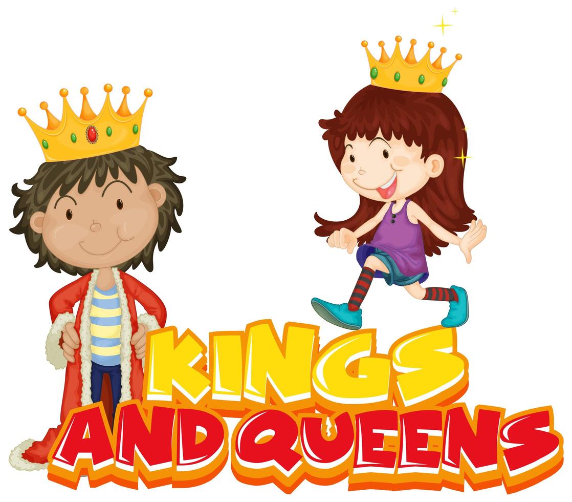 design de fonte para reis e rainhas das palavras com crianças fantasiadas vetor