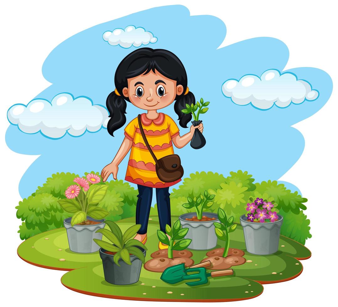 cena com criança plantando árvores no jardim vetor