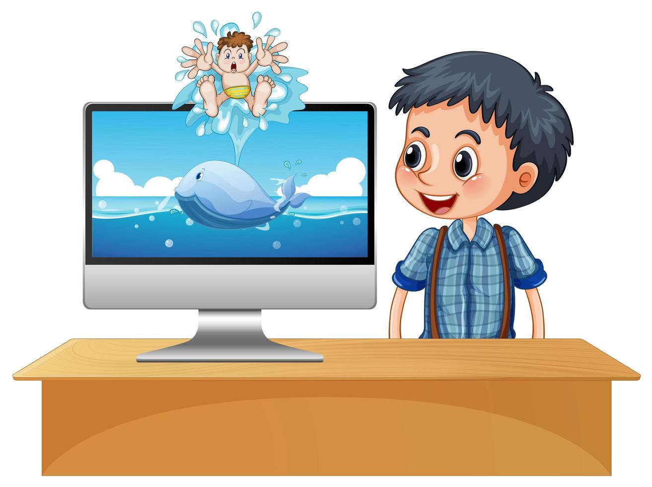 menino feliz ao lado da tela do computador com cena do oceano vetor