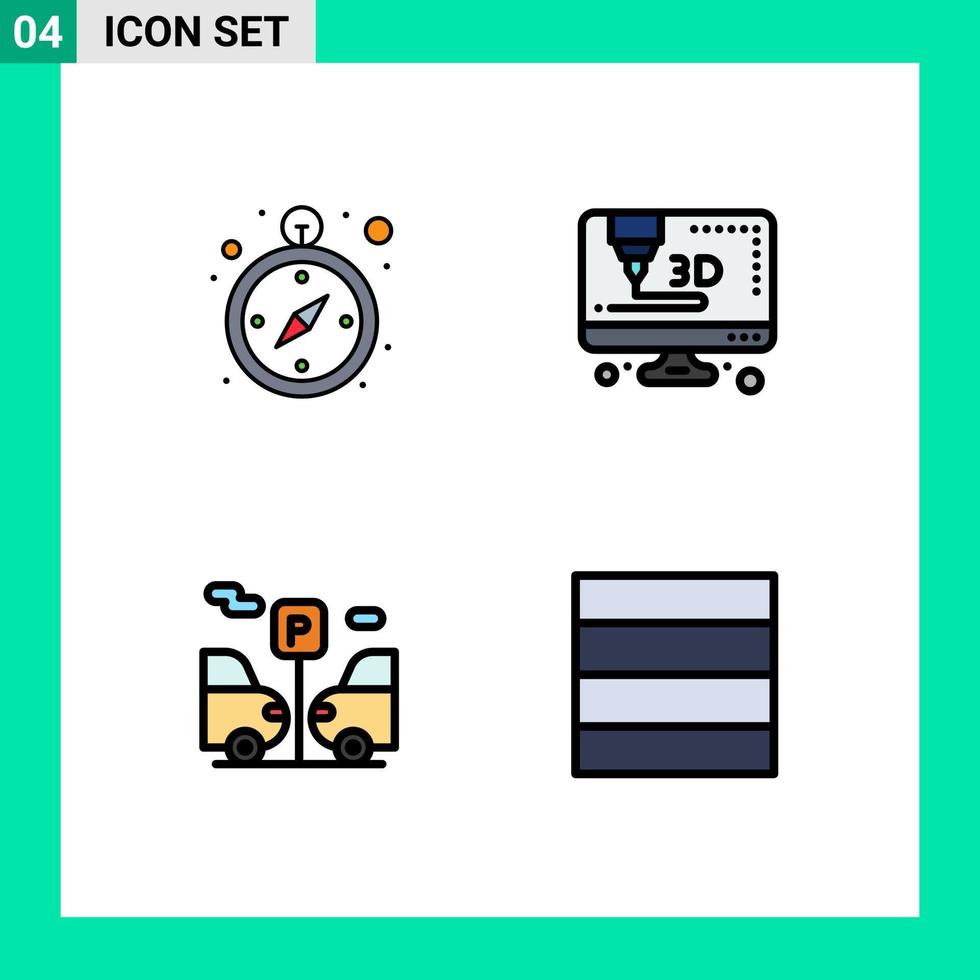 pacote de linha vetorial editável de 4 cores planas de linha preenchida simples de transporte de impressora wireframe de bússola elementos de design vetorial editável vetor