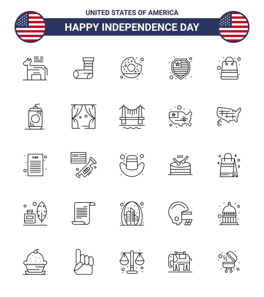 25 pacote de linha eua de sinais do dia da independência e símbolos de pacotes saco donut shield americano editável elementos de design do vetor do dia dos eua