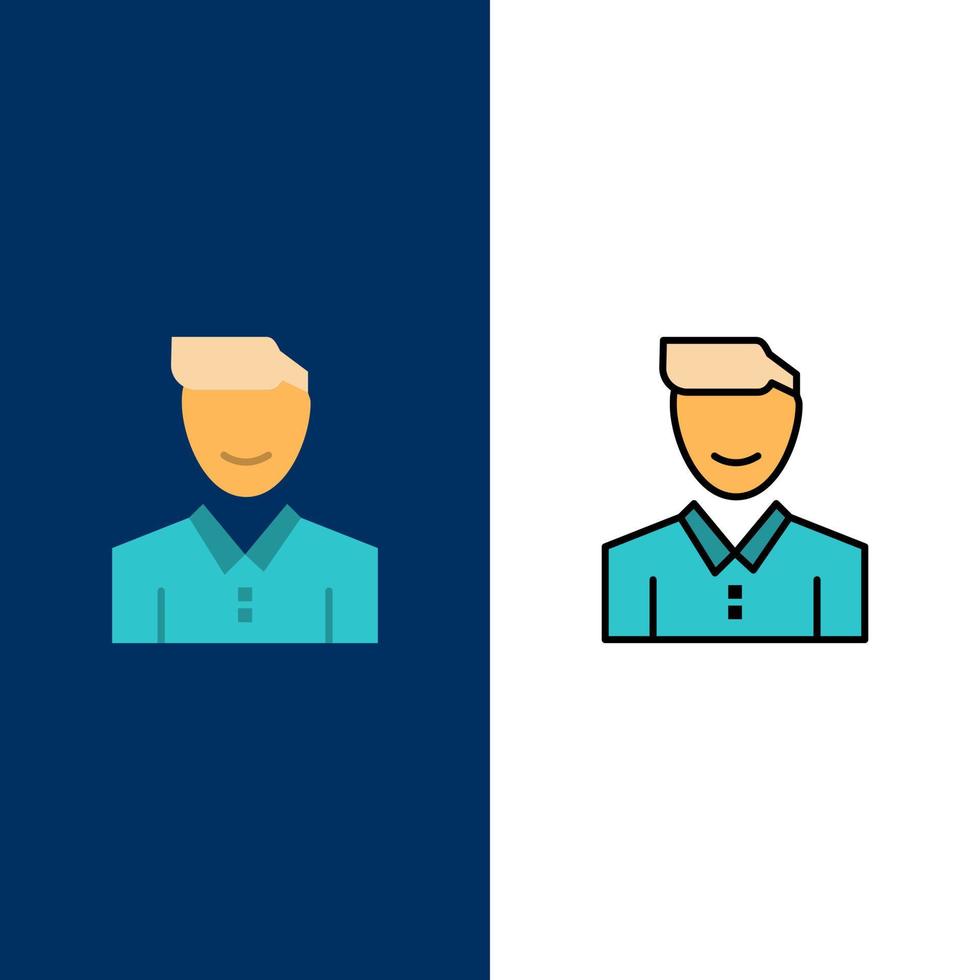 avatar rosto do cliente feliz homem pessoa usuário ícones plano e conjunto de ícones cheios de linha vector fundo azul