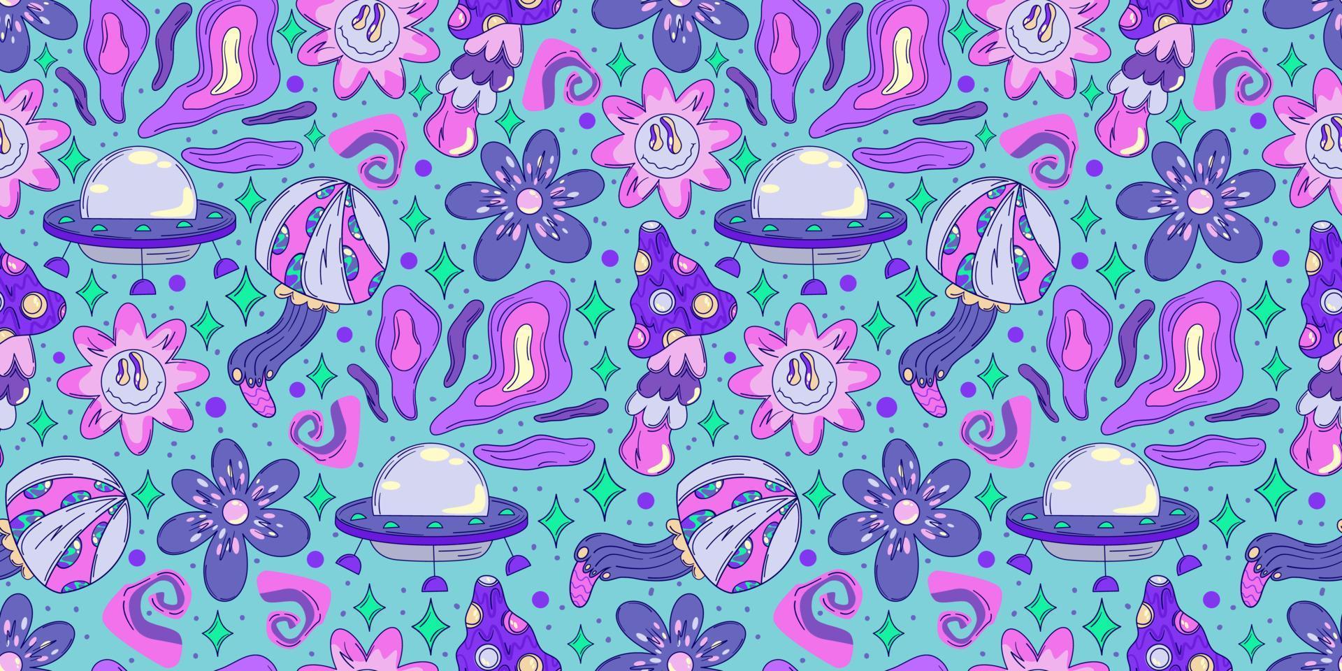 trippy y2k padrão sem emenda com cogumelo e ufo. resumo de flor louca. doodle padrão sem emenda de vetor. design trippy alienígena mágico. vetor