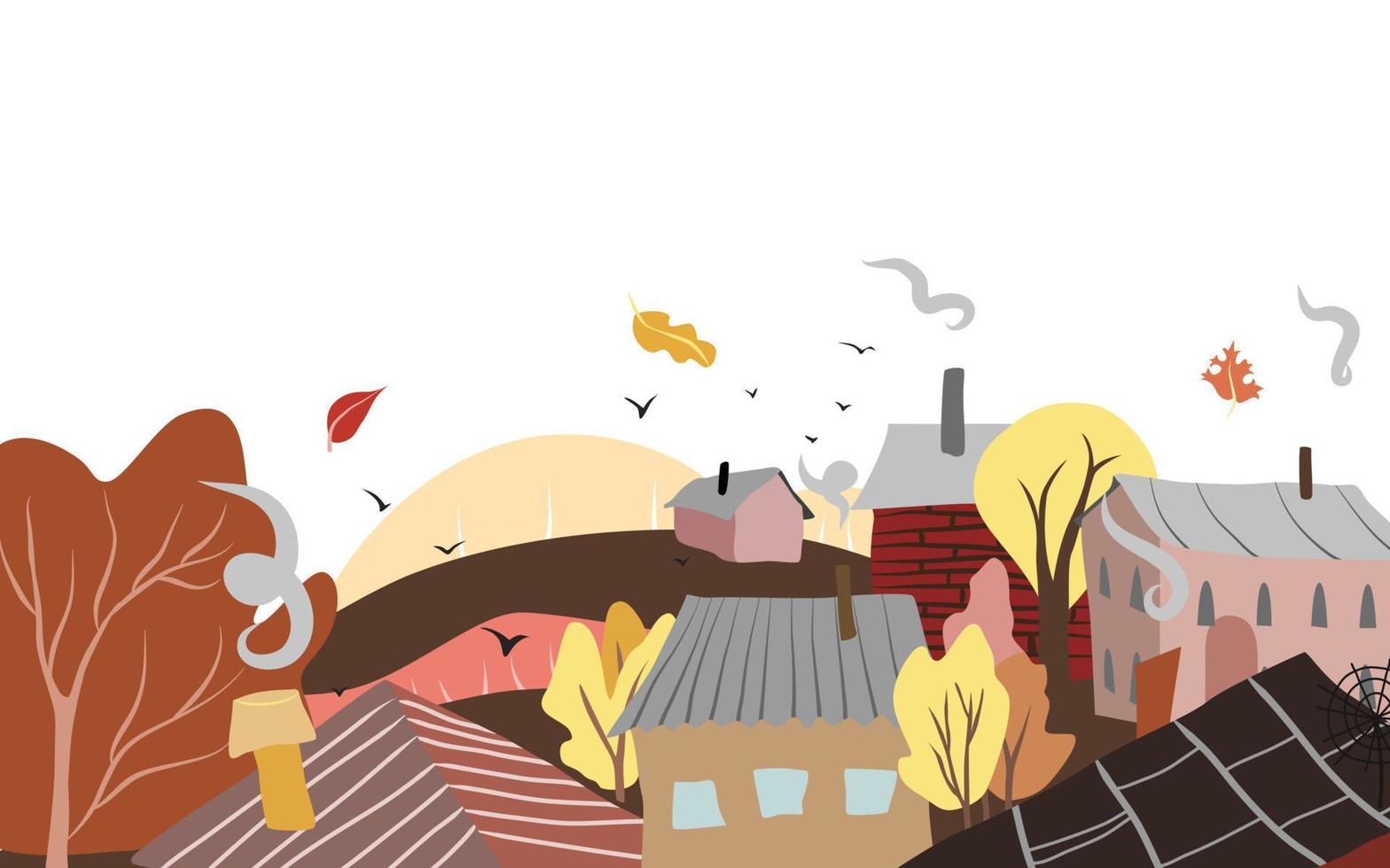 vetor paisagem de outono com casas simples e árvores. ilustração rural plana dos desenhos animados em branco na orientação horizontal. cores pastel suaves