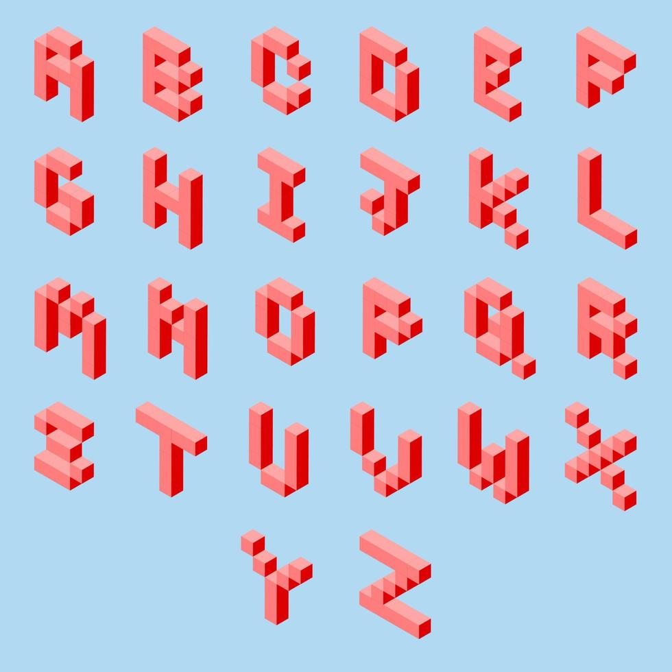 Conjunto de pixel art 3d de sinais de pontuação e alfabeto à esquerda isométrica. sinais vermelhos e letras sobre um fundo azul claro vetor
