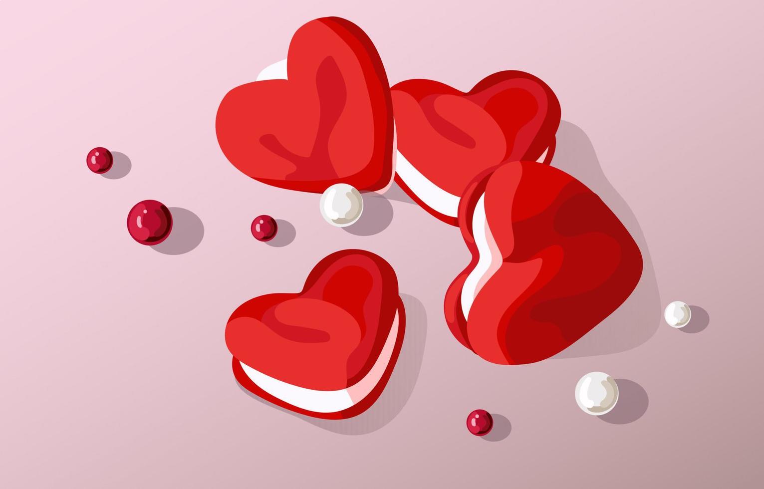 biscoitos em forma de coração para o dia dos namorados. biscoitos vermelhos com recheio branco em um fundo gradiente rosa com miçangas coloridas. adequado para imprimir cupons de desconto para as férias dos namorados. vetor