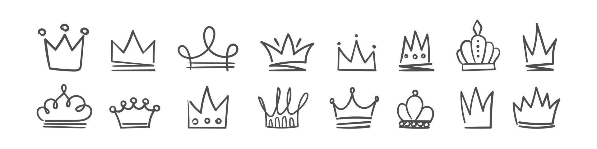 ícones da coroa. conjunto de coroa doodle, ícones desenhados à mão. ilustração vetorial vetor