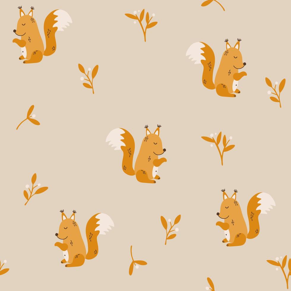 padrão de vetor sem emenda de esquilo. a paleta limitada é ideal para impressão de têxteis, tecidos, papel de embrulho ilustração simples desenhada à mão de um personagem de esquilo da floresta em estilo escandinavo.