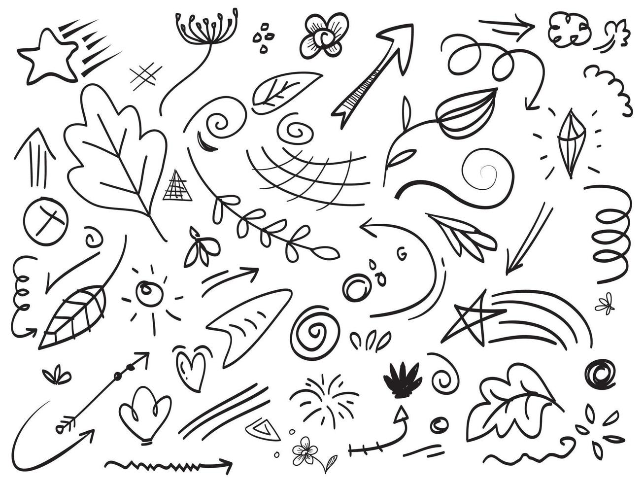 rabiscos folha abstrata, coração, setas, estrela e outros elementos desenhados à mão estilo para design de conceito. ilustração vetorial de rabiscos vetor